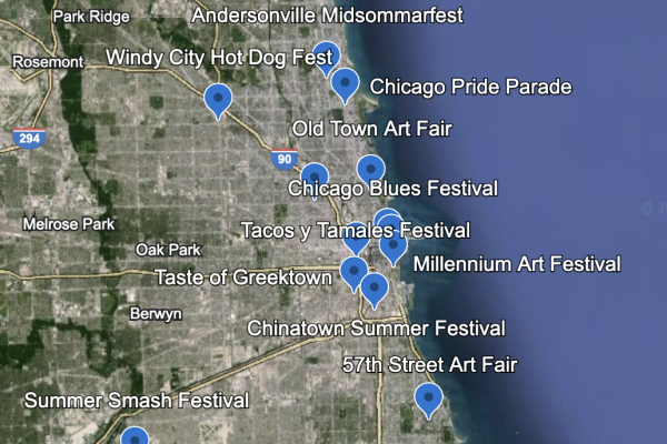The interactive map lays out the locations of all 12 recommended festivals for U-High students to try out this summer in Chicago. 